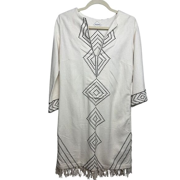 Gypset Silk Embroidered Mini Caftan Dress with Fringe Sz. M - Picture 1 of 9